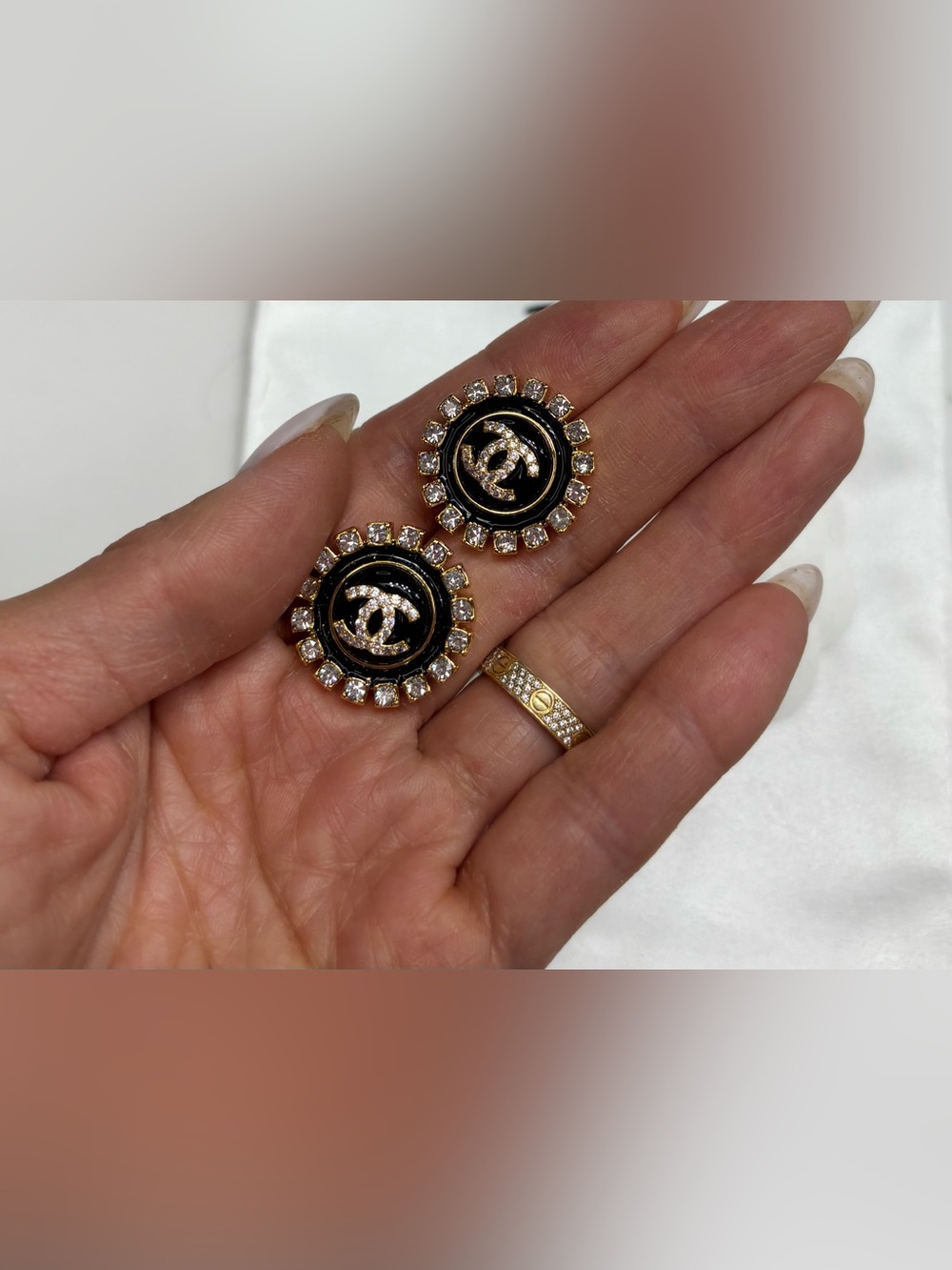 Vintage Style Black and Gold Crystal Round Logo Button Earrings